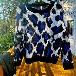 Adorable cropped acrylic sweater… grey, black and blue spots. Nordstrom Rack.